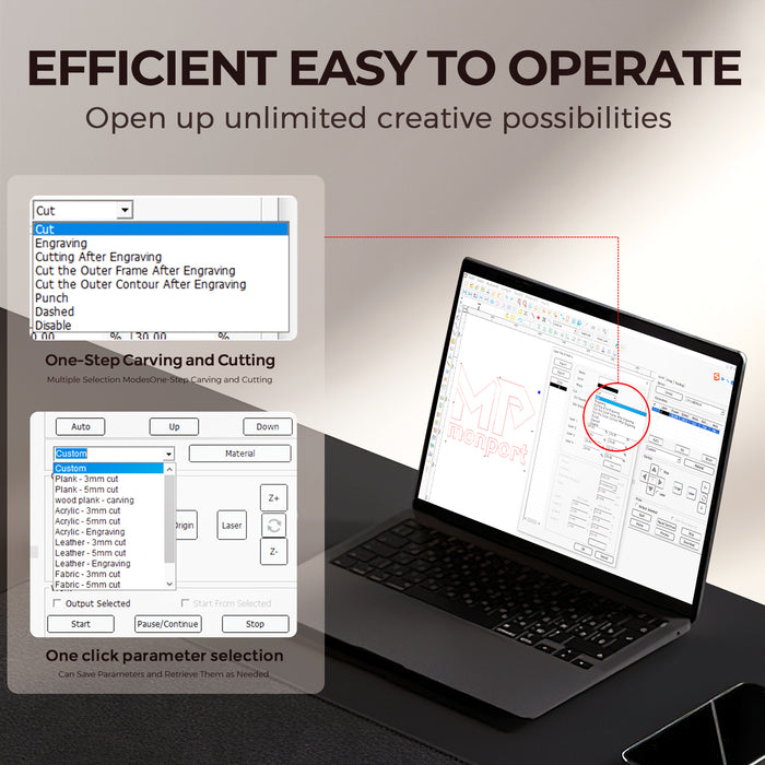 Laptop displaying software interface with text 'Efficient Easy to Operate' and 'Open up unlimited creative possibilities'.