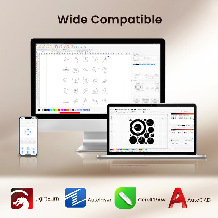 Computer monitor, laptop, and smartphone displaying software interfaces with compatibility logos below.
