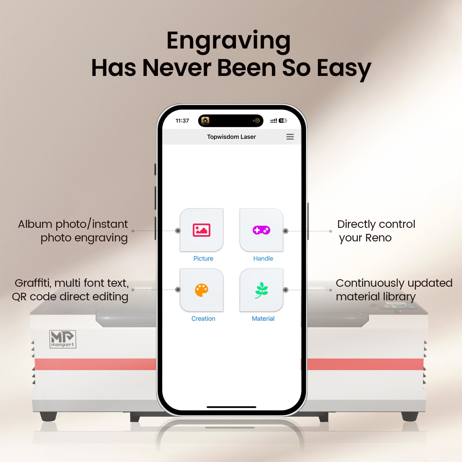 Smartphone app interface on a phone screen with laser engraving machine in the background