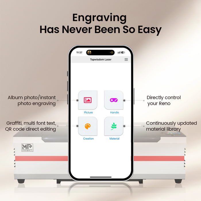 Smartphone app interface on a phone screen with laser engraving machine in the background