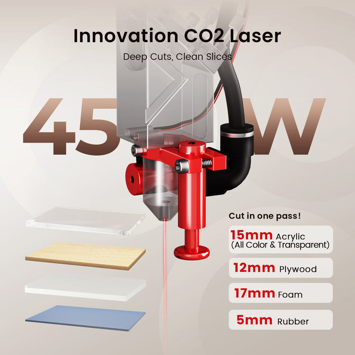 CO2 laser cutting machine with material thickness capabilities on a gray background