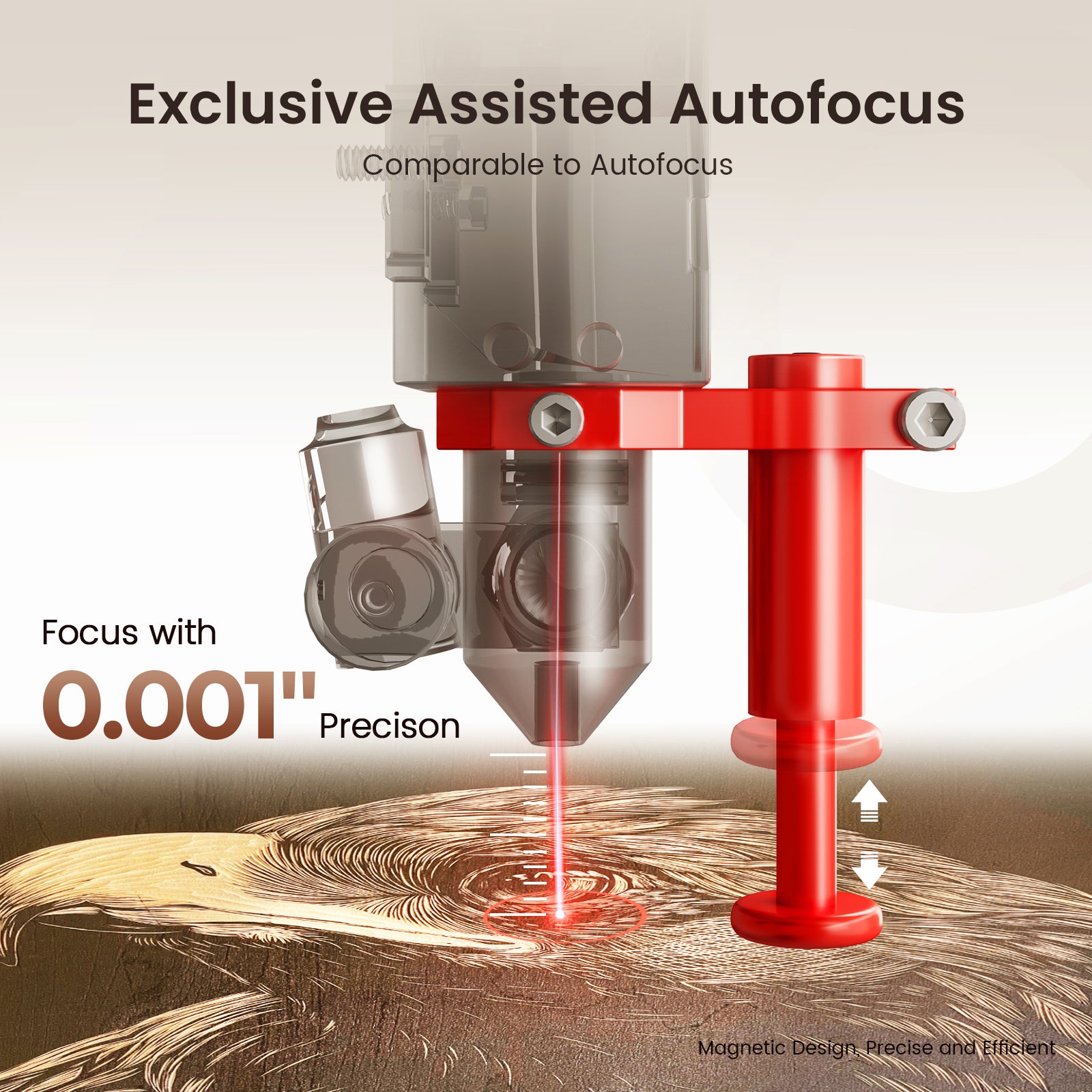 Close-up of a laser engraving tool with text highlighting 'Exclusive Assisted Autofocus' and '0.001