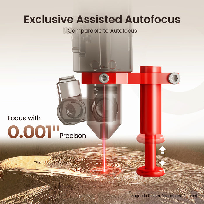 Close-up of a laser engraving tool with text highlighting 'Exclusive Assisted Autofocus' and '0.001" Precision'.