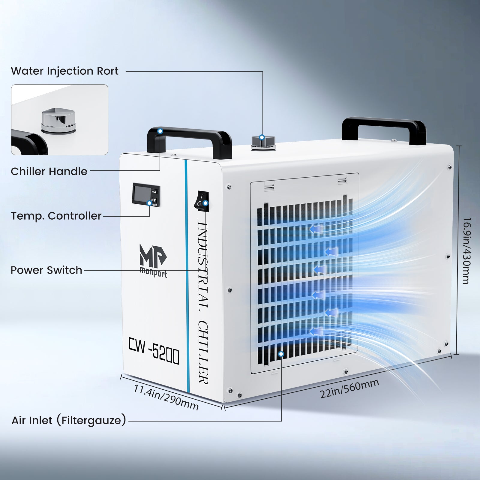 Monport 6L CW-5200 Industrial Water Chiller for 40W-150W CO2 Laser Engraver