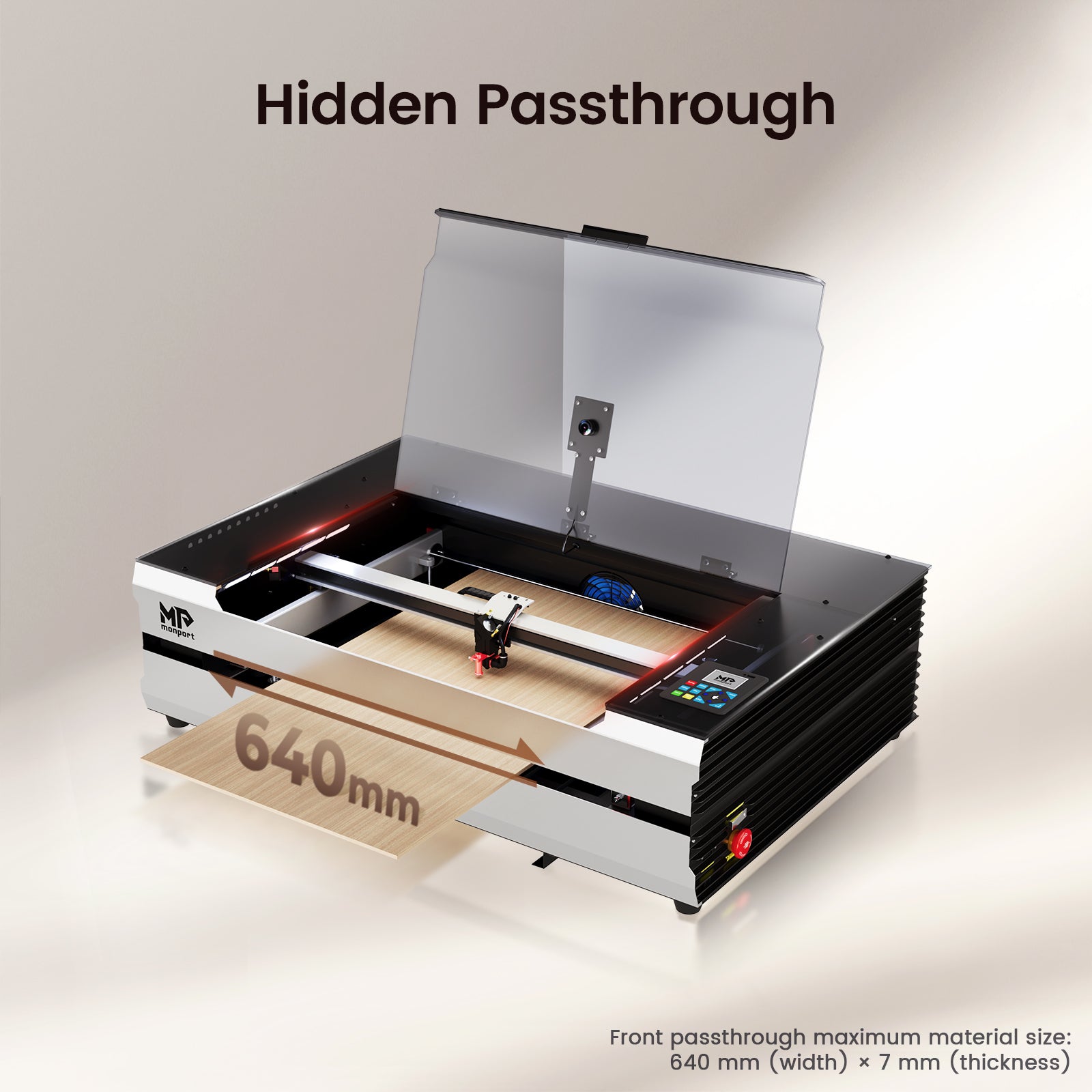 Laser cutting machine with 'Hidden Passthrough' feature on a light background