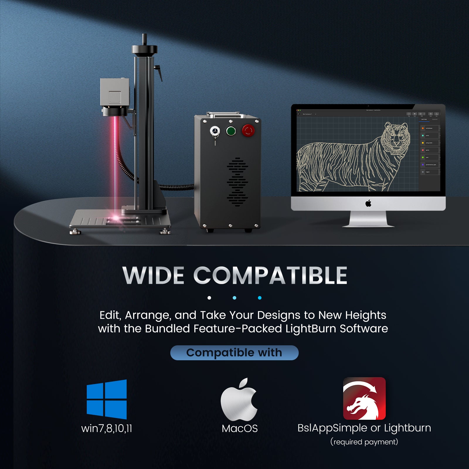 Laser engraving machine with computer displaying tiger design on a dark background