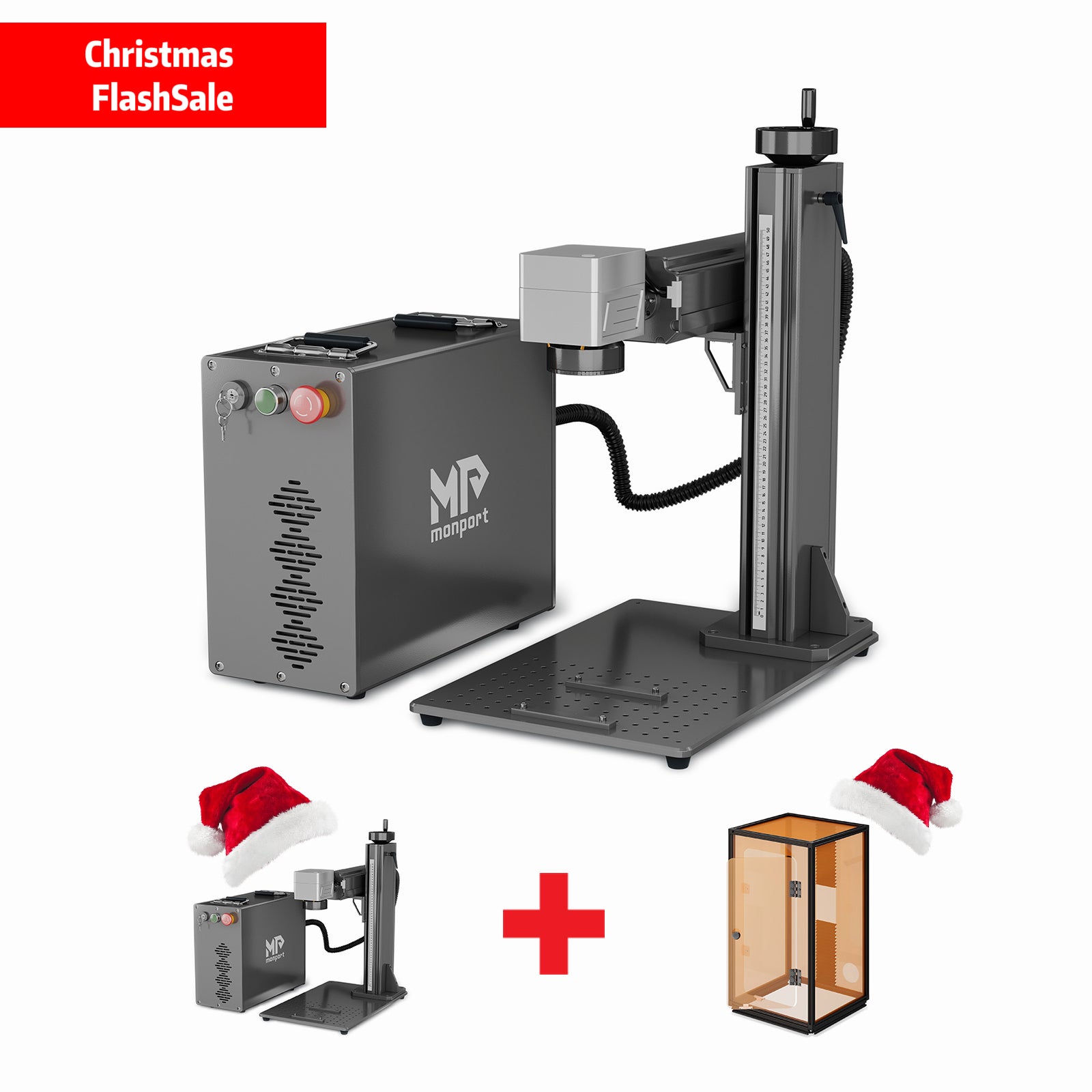 MDF laser engraving machine with Christmas-themed accessories on a white background