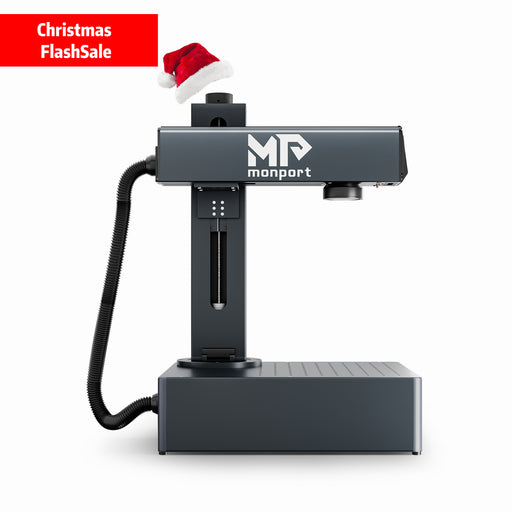 Monport laser engraver with a Santa hat on a white background, promotional text at the top.