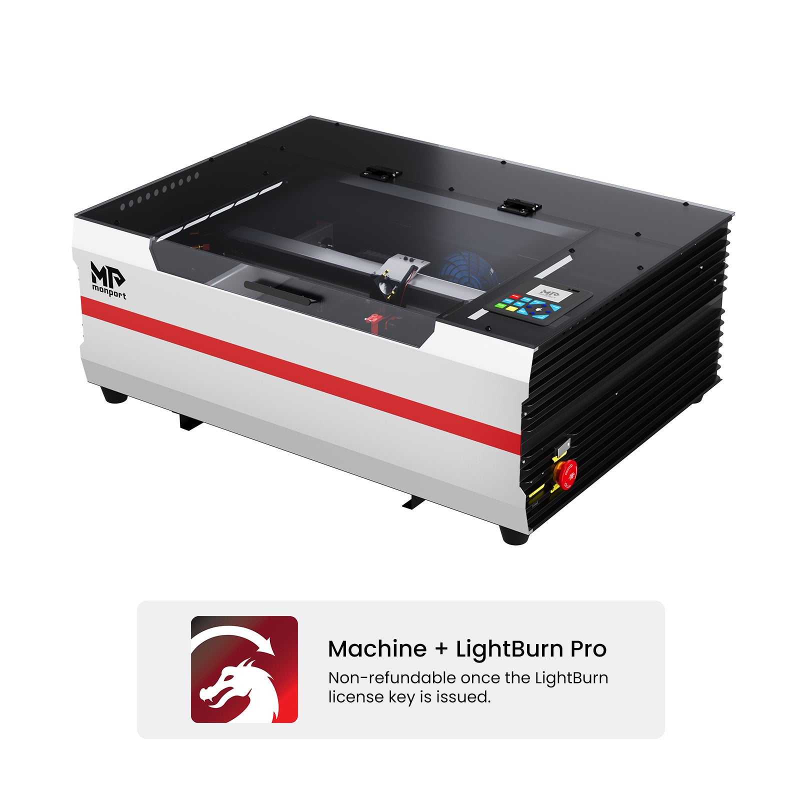 Laser cutting machine with 'MP' branding on a white background