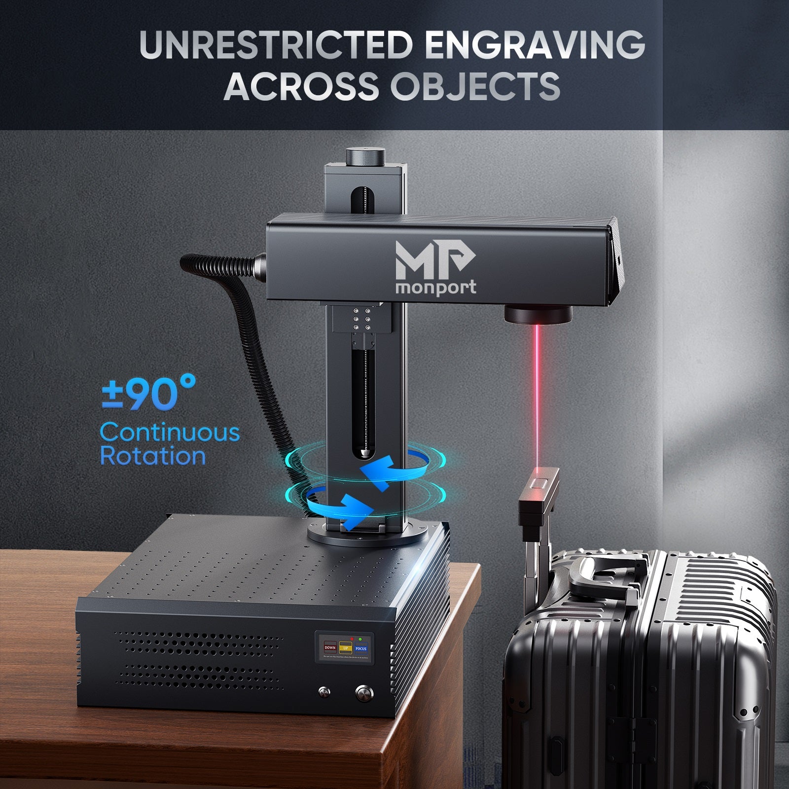 Monport GA 100W Upgraded Integrated MOPA Fiber Laser Engraver with 180°continuous rotation engrave across objects  Australia