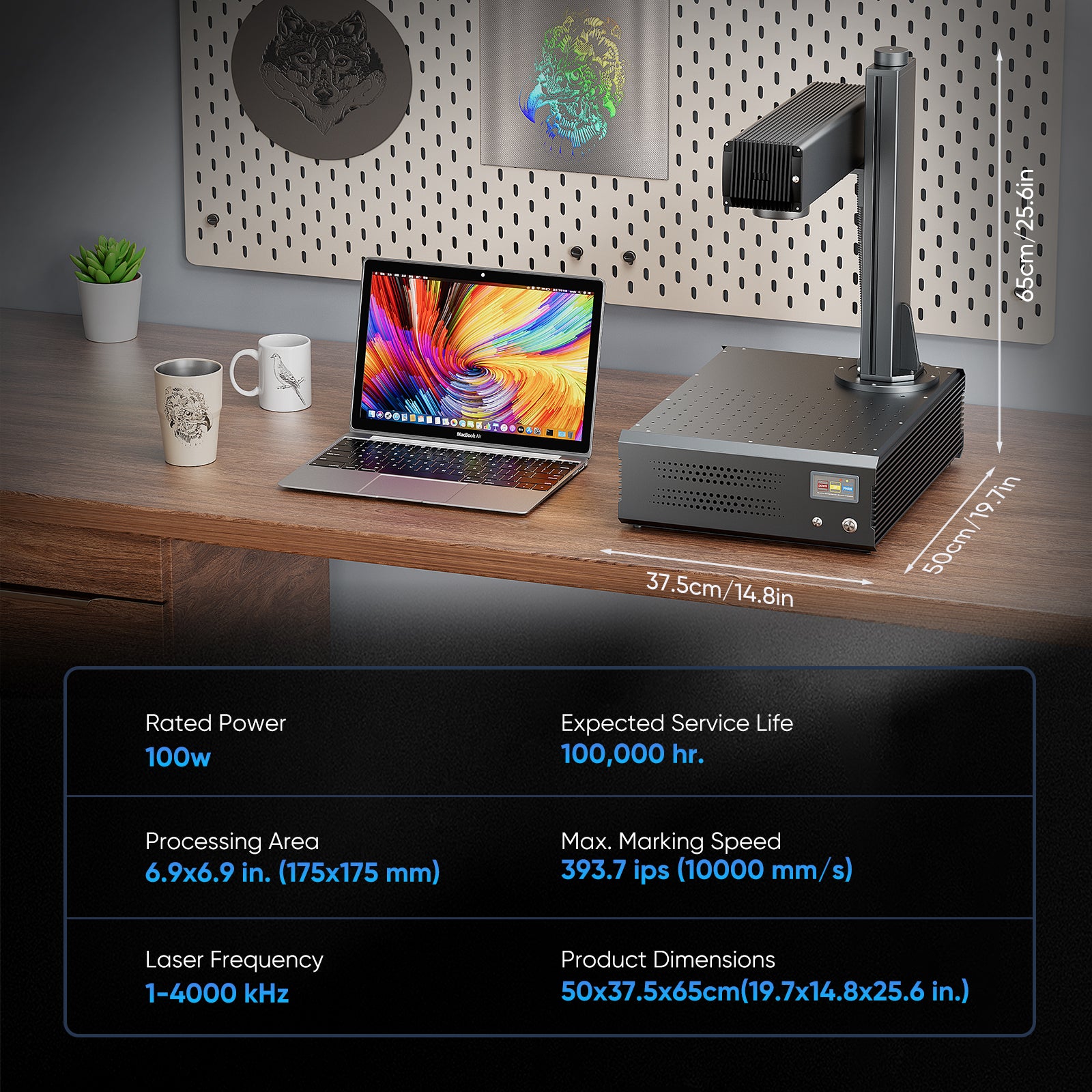 Monport GA 100W Upgraded Integrated MOPA Fiber Laser Engraver Parameter of rated power、service life、processing area、speed、frequency、dimension  Australia