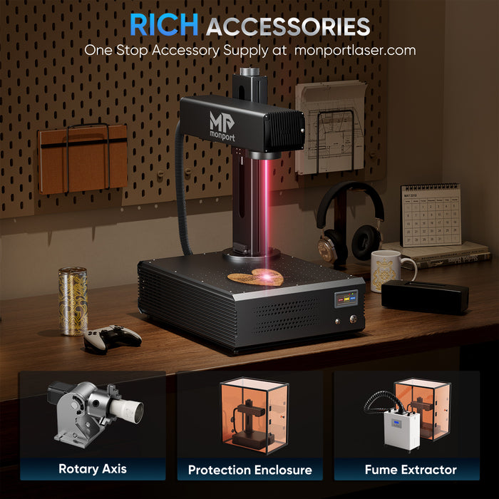 Monport GA 100W Upgraded Integrated MOPA Fiber Laser Engraver with accessories application of rotary axis、protection enclosure、fume ectractor  Australia