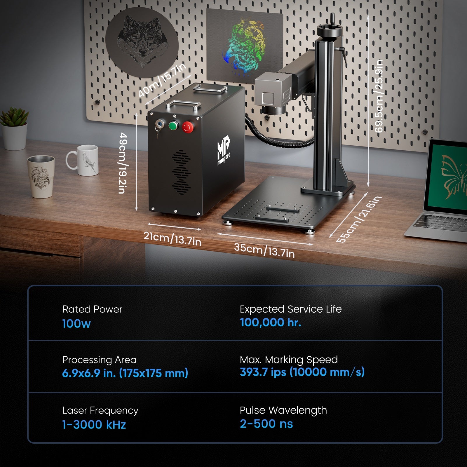 Monport GPro 100W Split MOPA Fiber Laser Engraver & Marking Machine With Manual Focus -Parameter of rated power、service life、processing area、speed、frequency、dimension  Australia