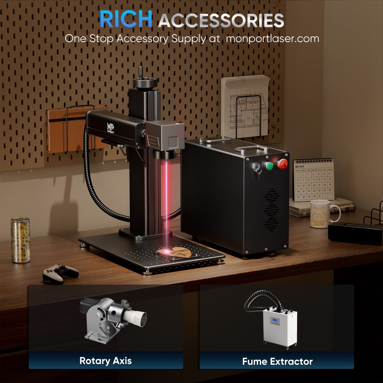 Monport GPro 100W Split MOPA Fiber Laser Engraver & Marking Machine With Manual Focus with accessories of rotary axis fume extractor Australia