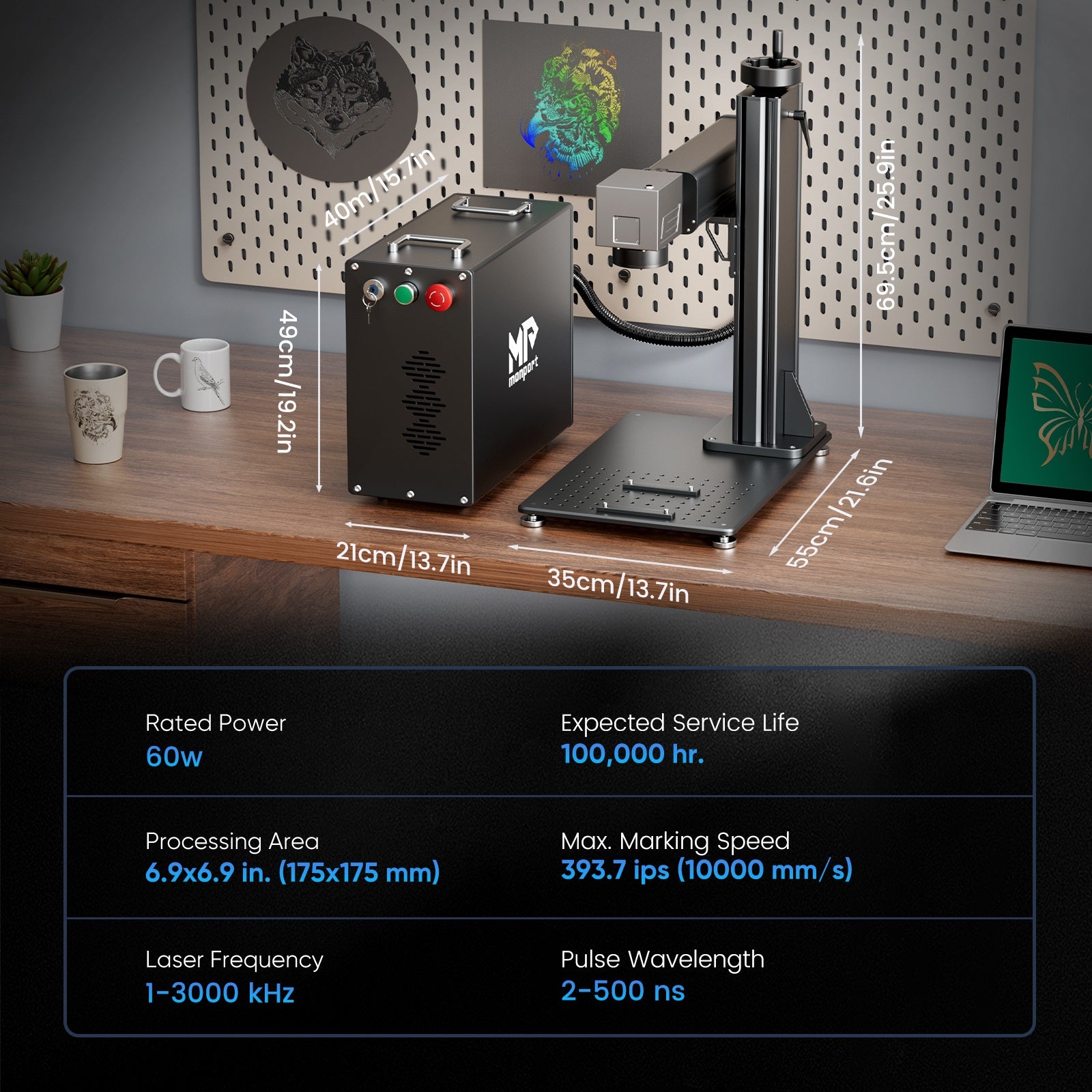 Monport GPro 60W Split MOPA Fiber Laser Engraver & Marking Machine With Manual Focus Parameter of rated power、service life、processing area、speed、frequency、dimension  Australia