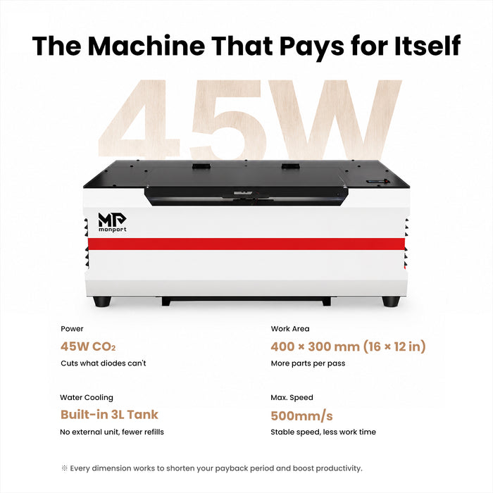 Brand New Monport Reno45 45W Desktop CO2 Laser Engraver & Cutter (16" X 12") with – Built-In Water Cooling, Magnetic Assisted Autofocus