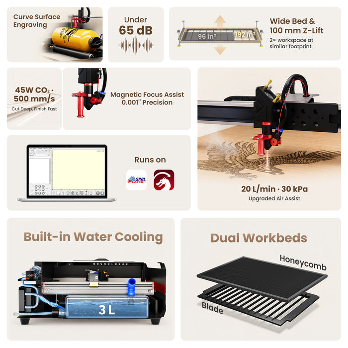 Brand New Monport Reno45 45W Desktop CO2 Laser Engraver & Cutter (16" X 12") with – Built-In Water Cooling, Magnetic Assisted Autofocus