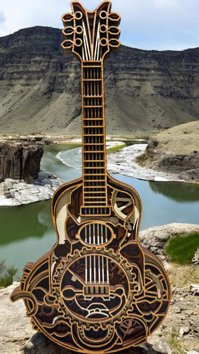 Wooden guitar model with mountainous landscape in the background