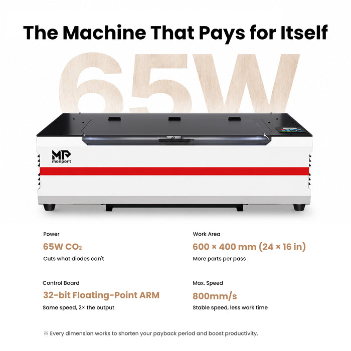 Brand New Monport Reno65 Pro | 65W CO2 Laser Engraver & Cutter – Built-In Water Cooling, 24"×16" Work Area, 800mm/s Speed, Magnetic Autofocus