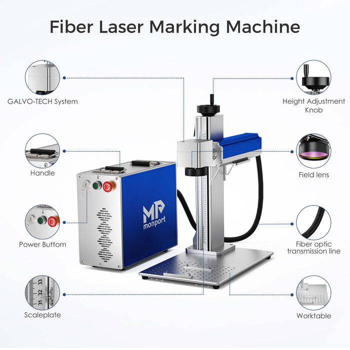 Monport GQ 30W Fiber Laser Engraver with galvo-tech system，height adjustment knob，handle，field lens，power buttom，fiber optic transmission line，scaleplate，worktable，Australia