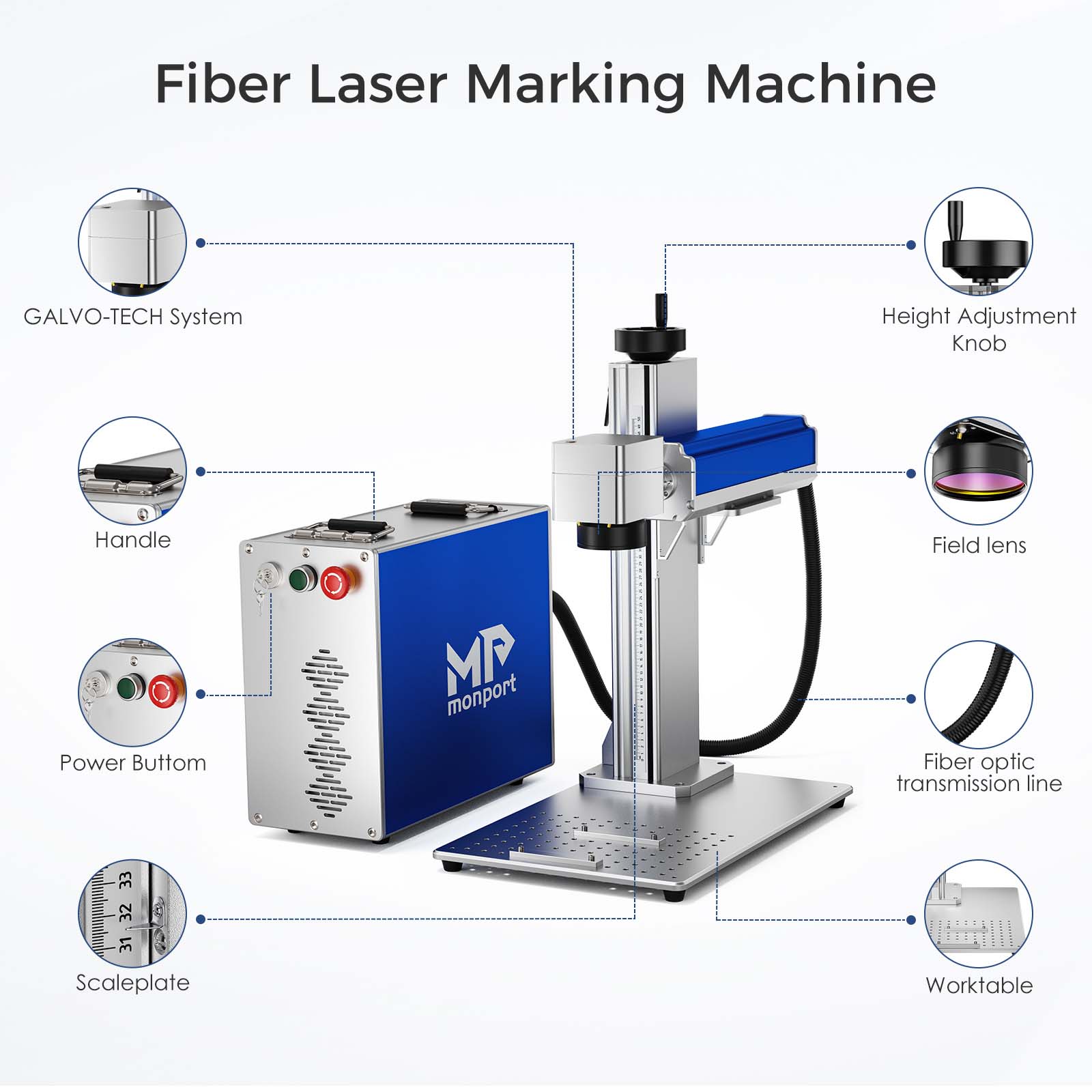Monport GQ 50W Fiber Laser Engraver with galvo-tech system，height adjustment knob，handle，field lens，power buttom，fiber optic transmission line，scaleplate，worktable，Australia